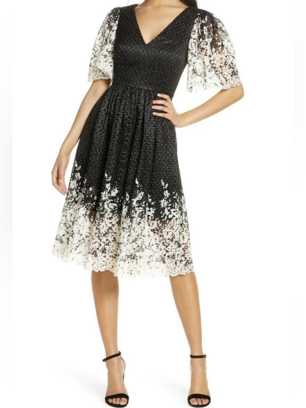 Eliza J Lace Cocktail Dress Black Ivory Floral Polka Dot Flutter Sleeve Midi